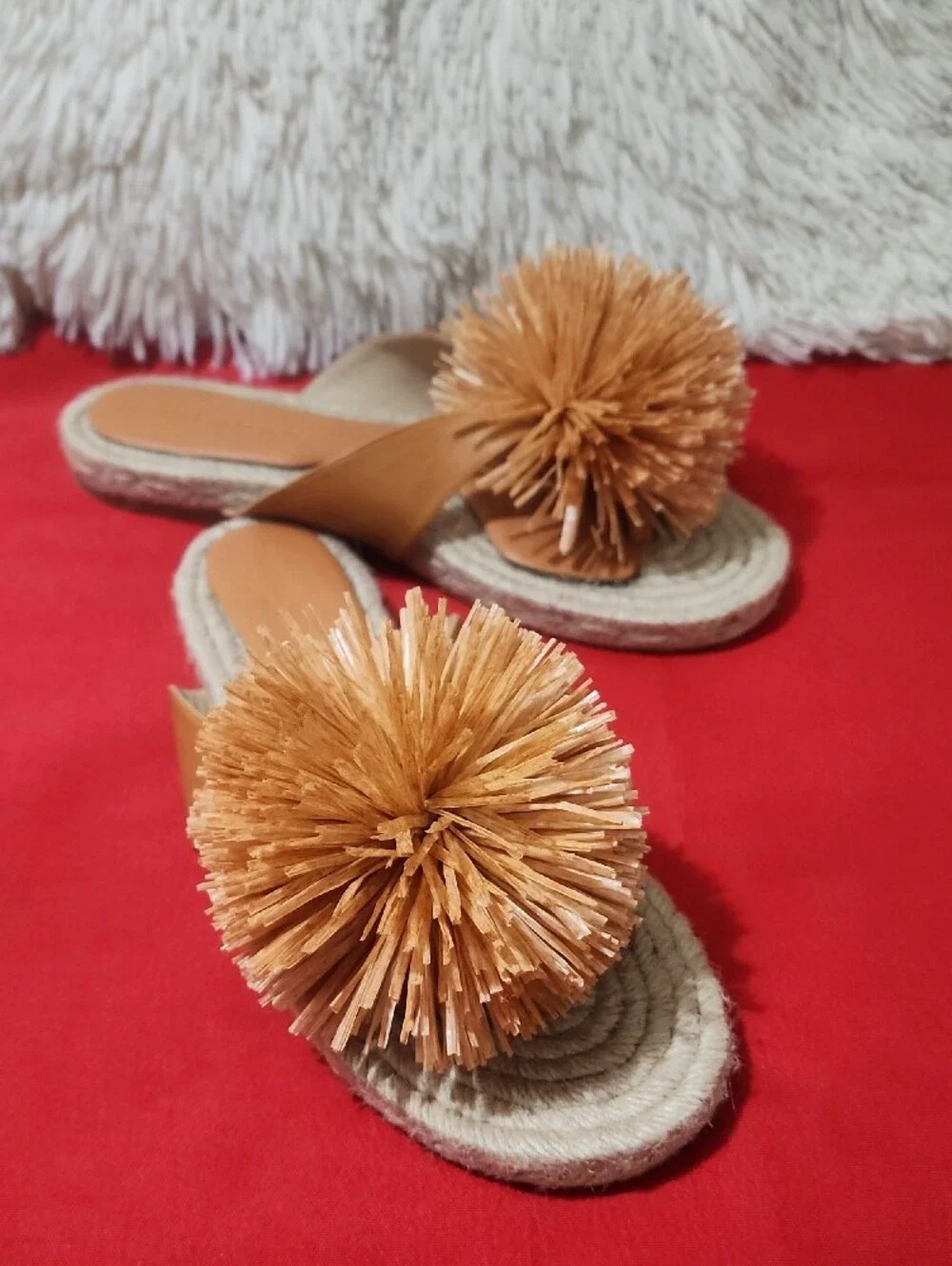 Paloma Barcelo Druma Orange  Pom-Pom Woven Slide Thong Sandals